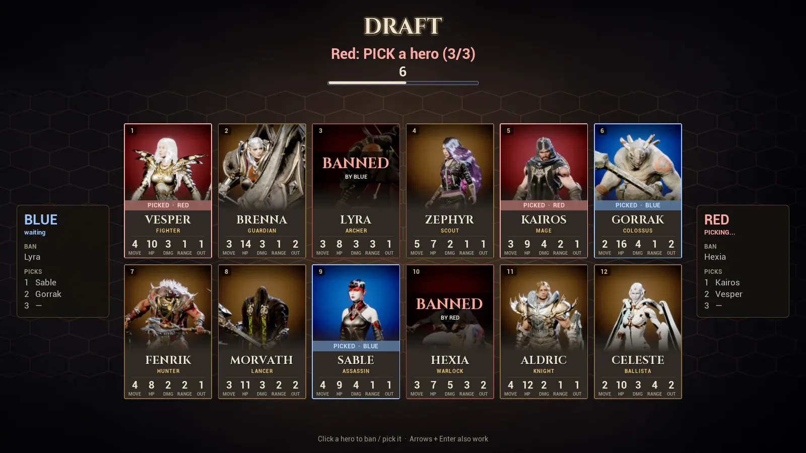 The draft screen with banned and picked heroes