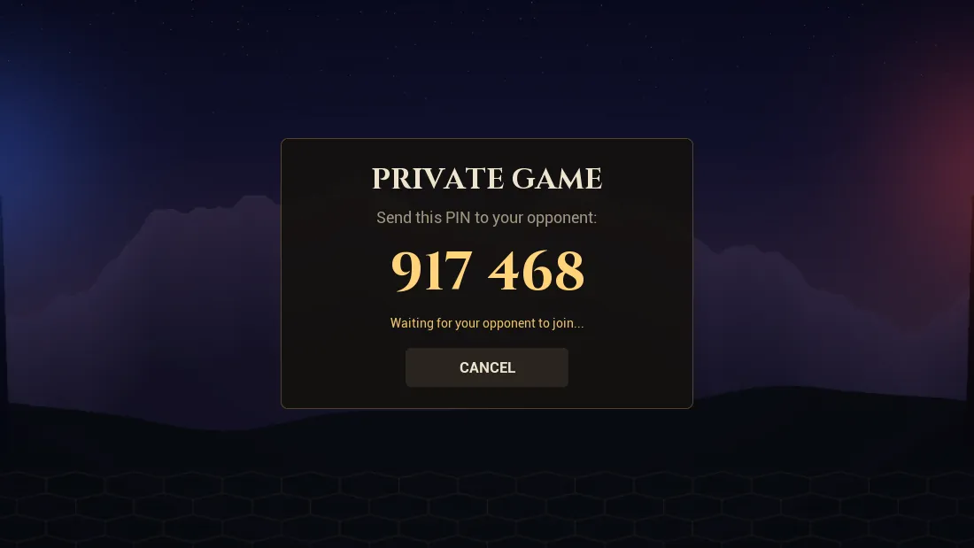 A private room waiting for the second player, with its PIN