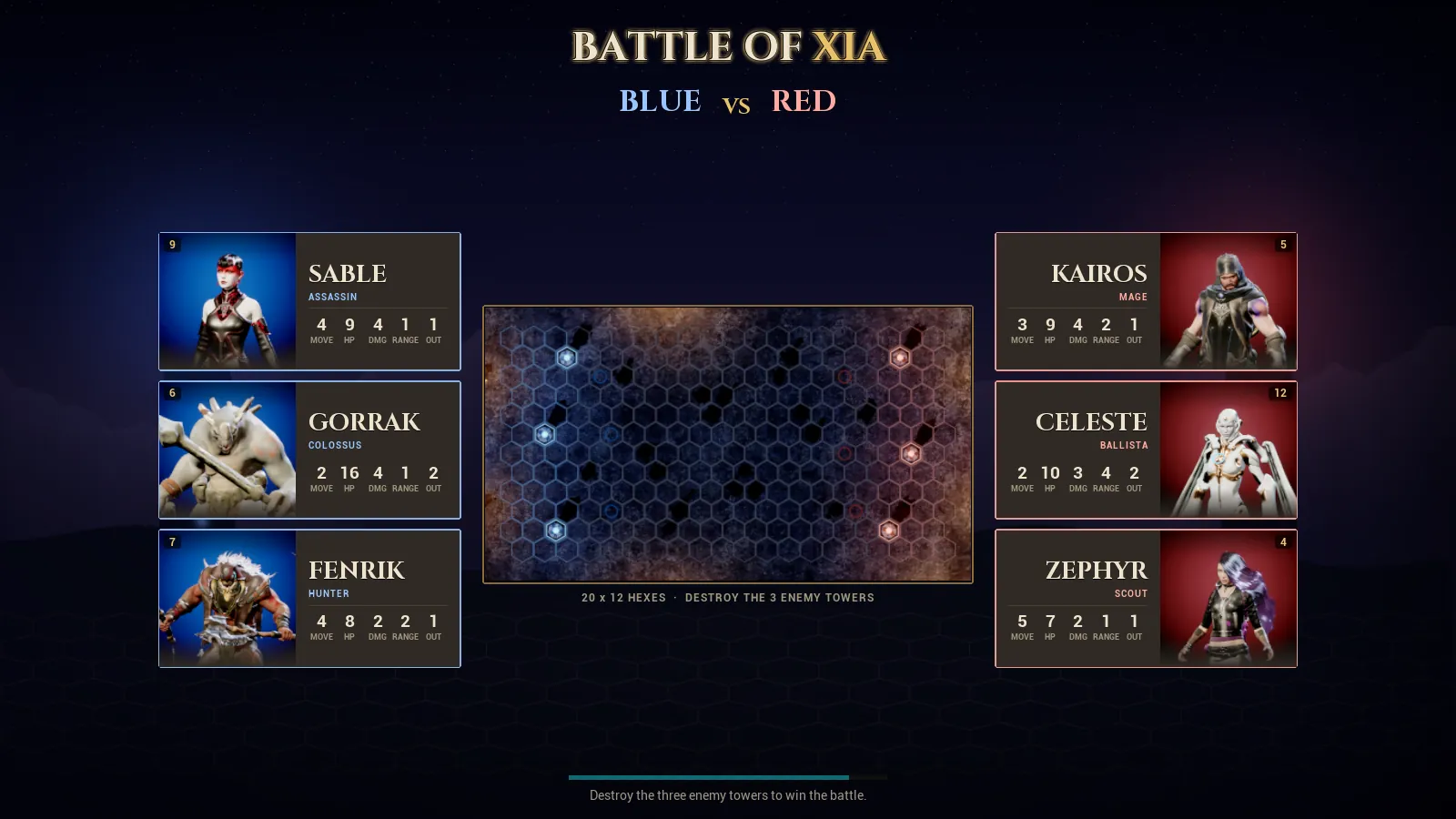 The match-up screen: three heroes on each side and the board between them
